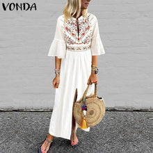 Bohemian Women Vintage Print Dress 2019 VONDA Sexy V Neck Ruffle Sleeve Split Maxi Long Dresses Plus Size Casual Loose Vestidos