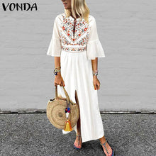 Bohemian Women Vintage Print Dress 2019 VONDA Sexy V Neck Ruffle Sleeve Split Maxi Long Dresses Plus Size Casual Loose Vestidos