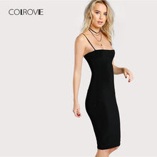 COLROVIE Black Solid Cami Bodycon Dress 2018 New Spaghetti Strap Sleeveless Bodycon Dress Knee Length Woman Plain Dress