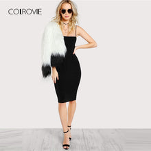 COLROVIE Black Solid Cami Bodycon Dress 2018 New Spaghetti Strap Sleeveless Bodycon Dress Knee Length Woman Plain Dress