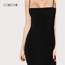 COLROVIE Black Solid Cami Bodycon Dress 2018 New Spaghetti Strap Sleeveless Bodycon Dress Knee Length Woman Plain Dress