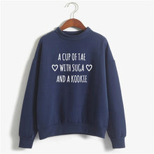 BTS Kpop Crewneck Sweatshirt women's a cup of tae with suga and a kookie funny letters printed hoodies lonh sleeve warm winter
