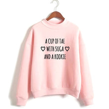 BTS Kpop Crewneck Sweatshirt women's a cup of tae with suga and a kookie funny letters printed hoodies lonh sleeve warm winter